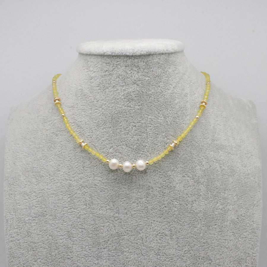 Nice 3mm Small Gemstone Beads With Fresh Water Pearl Necklace