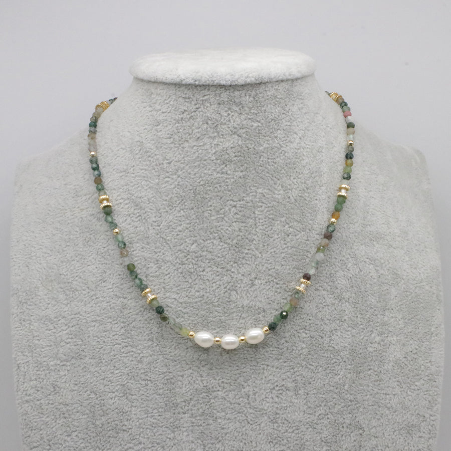 Nice 3mm Small Gemstone Beads With Fresh Water Pearl Necklace