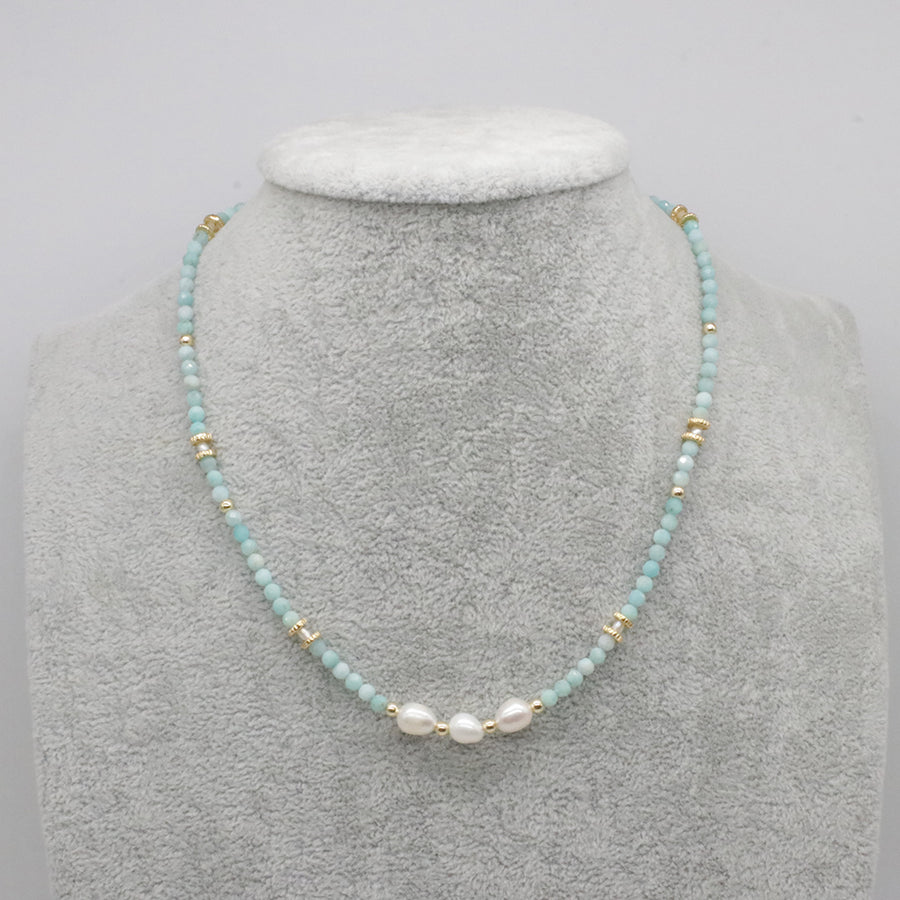 Nice 3mm Small Gemstone Beads With Fresh Water Pearl Necklace