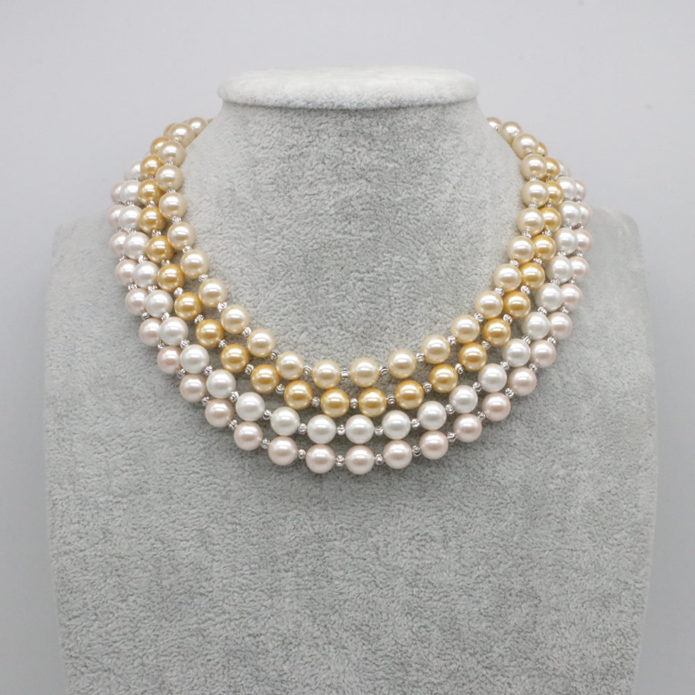 Nice Shell Pearl With Carved Brass Beads Necklace