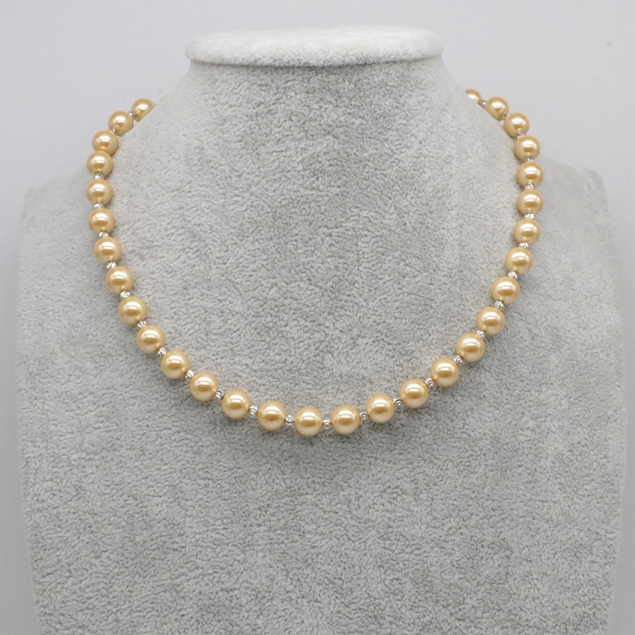 Nice Shell Pearl With Carved Brass Beads Necklace