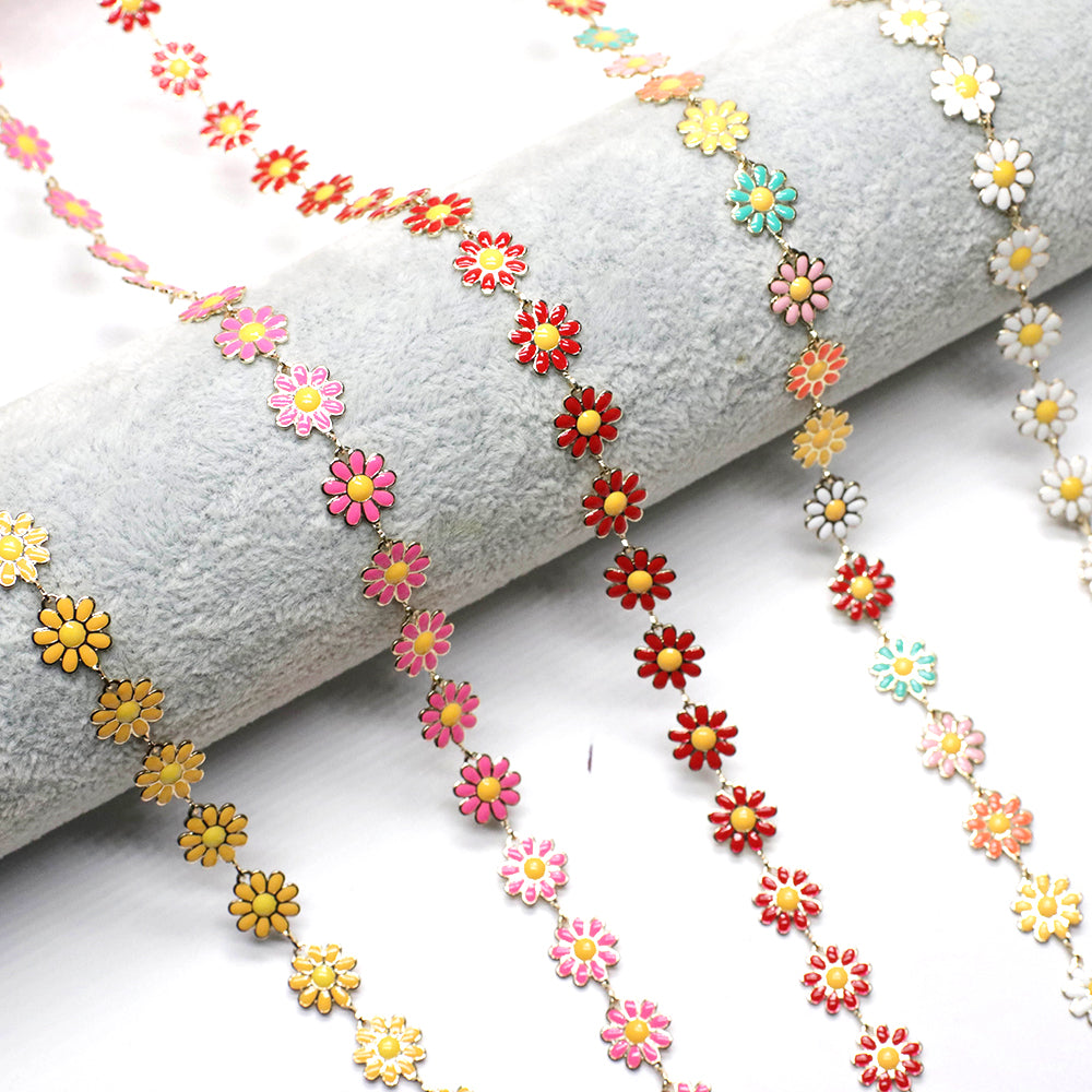 10MM Brass Sun Flower Enameled Link Chain Gold Plated For Jewelry Design