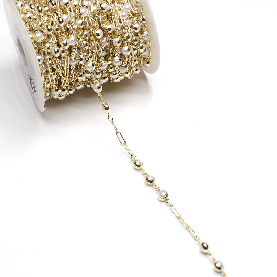 6 mm Artificial Pearl With Rectangle Link Handmade Brass Chain